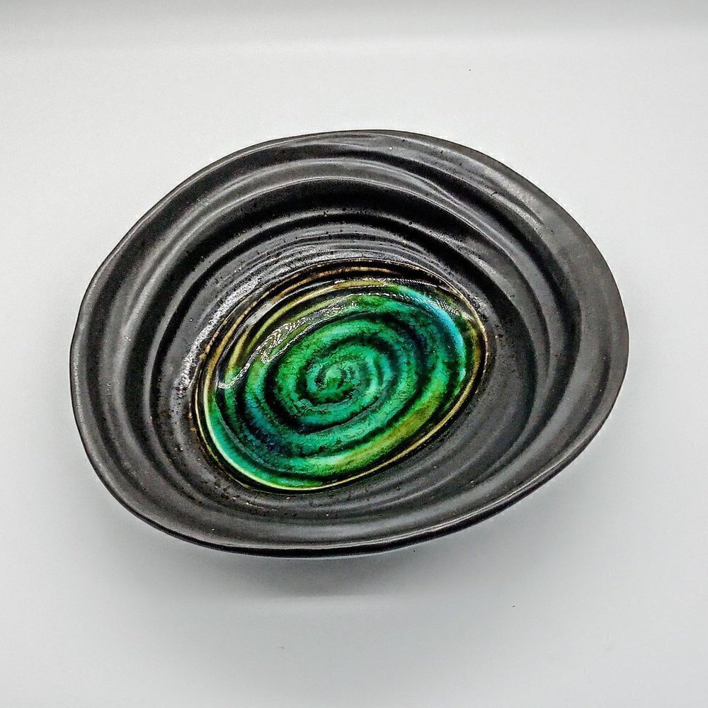 Matte Charcoal Grey Ribbed Pottery Bowl Teal Blue Green Glazed Interior